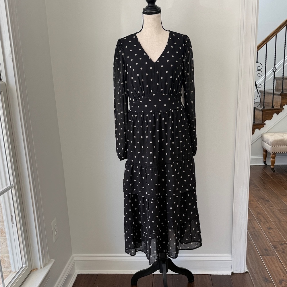 Time and Tru Black Long Sleeve Dress with White Dots